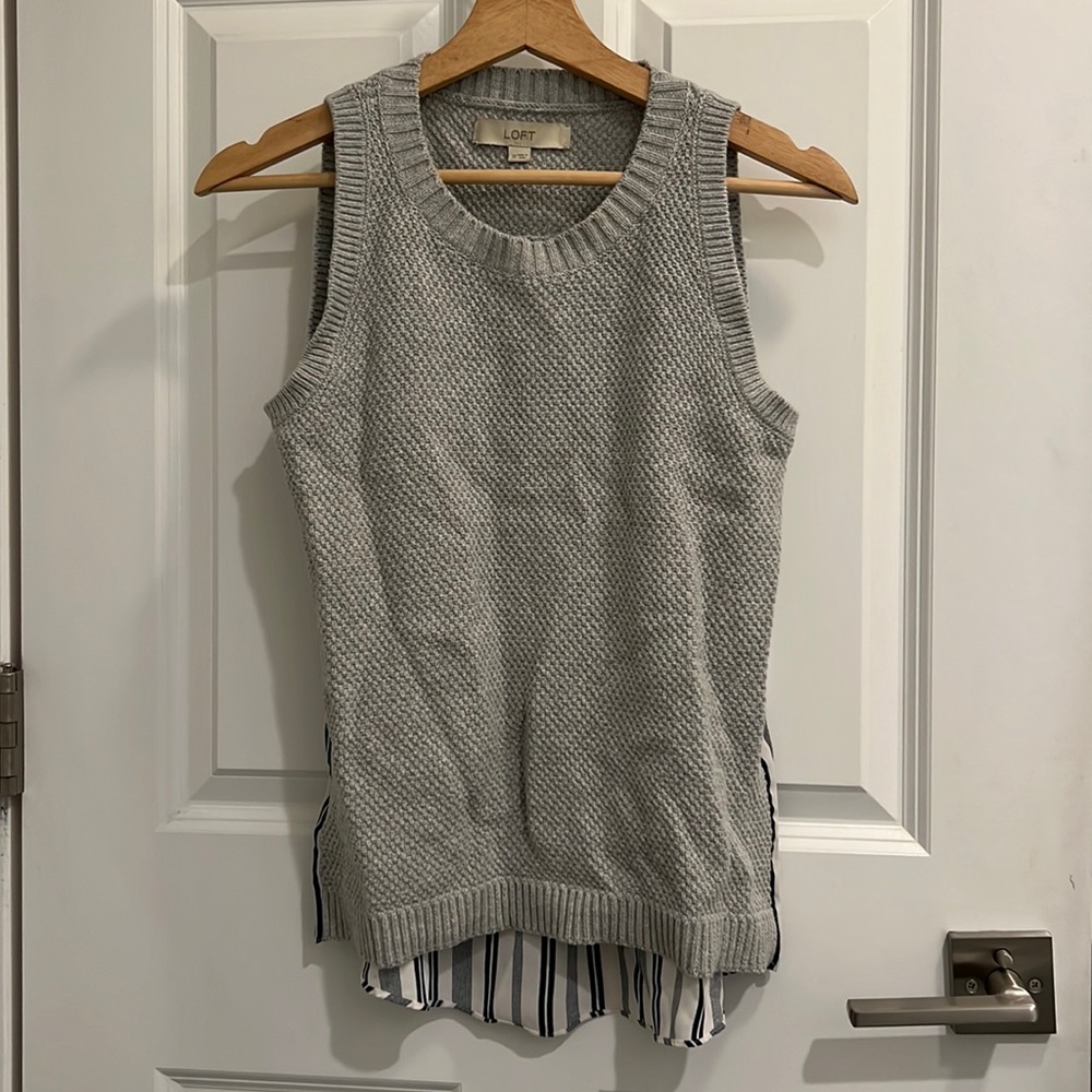 LOFT SLEEVELESS SWEATER FRONT, SHEER FLOWING STRIPE PATTERN BACK, BLOUSE